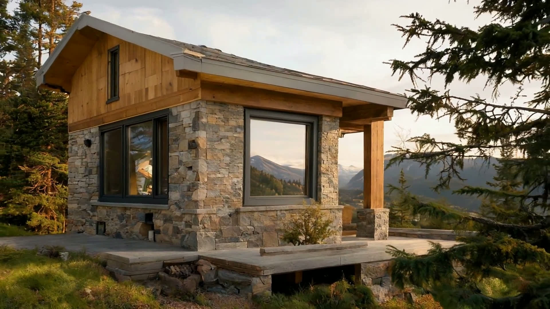 Graphite aluminum window system assembling and installed in a cedar-and-stone Colorado mountain residence
