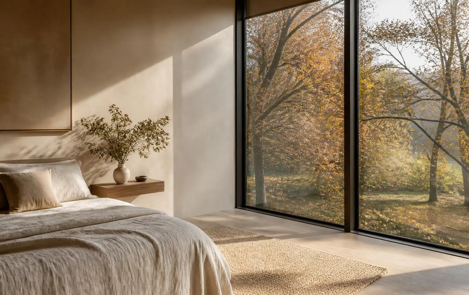 Design reference: a quiet bedroom corner with a floor-to-ceiling fixed glass wall onto autumn trees