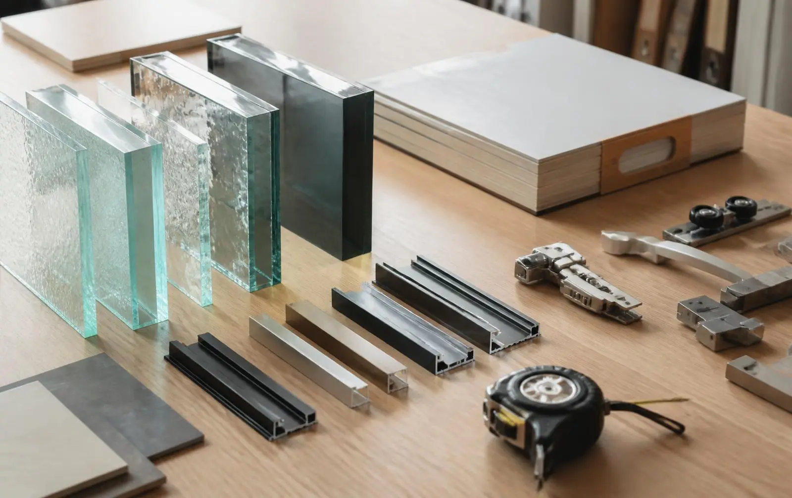 Design reference: an architectural studio table laid out with glass samples, aluminium profile offcuts and hardware sets