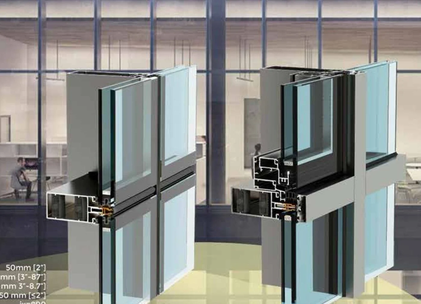 Everest 30 000 Series curtain wall: two cutaway corner assemblies showing the aluminum mullion and transom sections, thermal break and insulated glass units, one capped and one flush-glazed, in front of a glazed office facade.