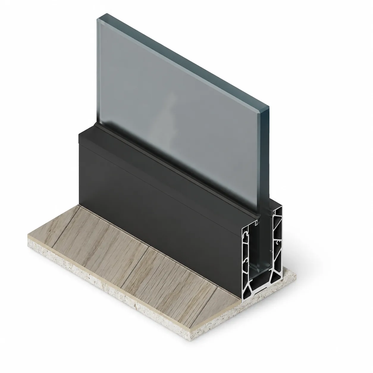 Everest 32 000 Series glass railing: technical render of a single laminated glass panel set into a dark aluminum base-shoe channel, cut away to show the extruded profile chambers, wedge glazing and anchoring into a tiled floor build-up.