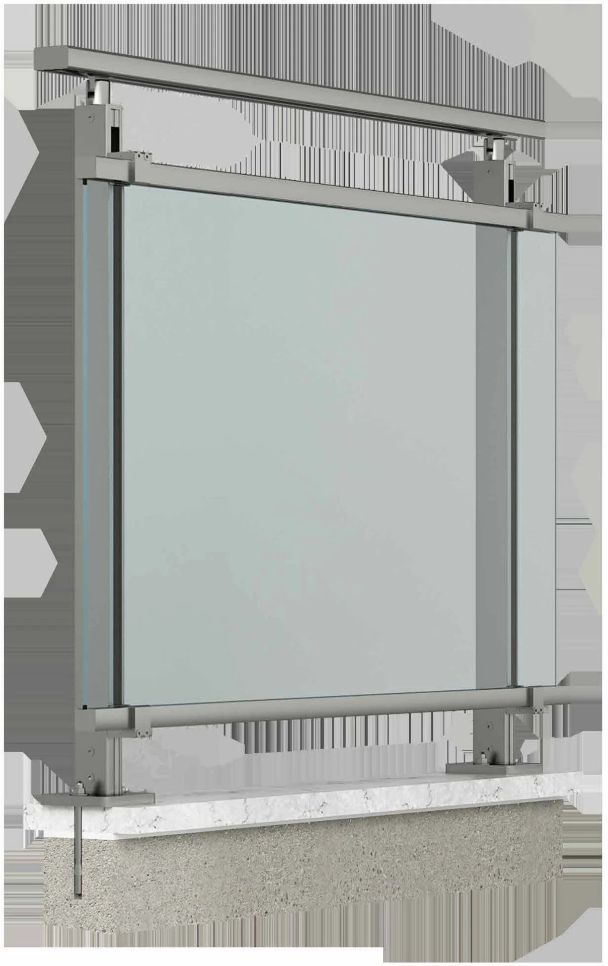 Everest 32 000 Series glass railing: a single glass infill panel held by aluminum posts and top rail, with the anchor plates and fixings shown bolted to a cut section of concrete slab and stone edge.