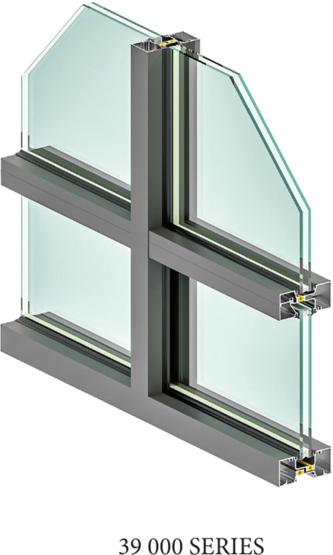 Everest 39 000 Series storefront: a cutaway corner of a multi-lite storefront frame showing the vertical mullion meeting horizontal transoms, the glazing pocket and gaskets, and the glass edges stepped back at the cut.