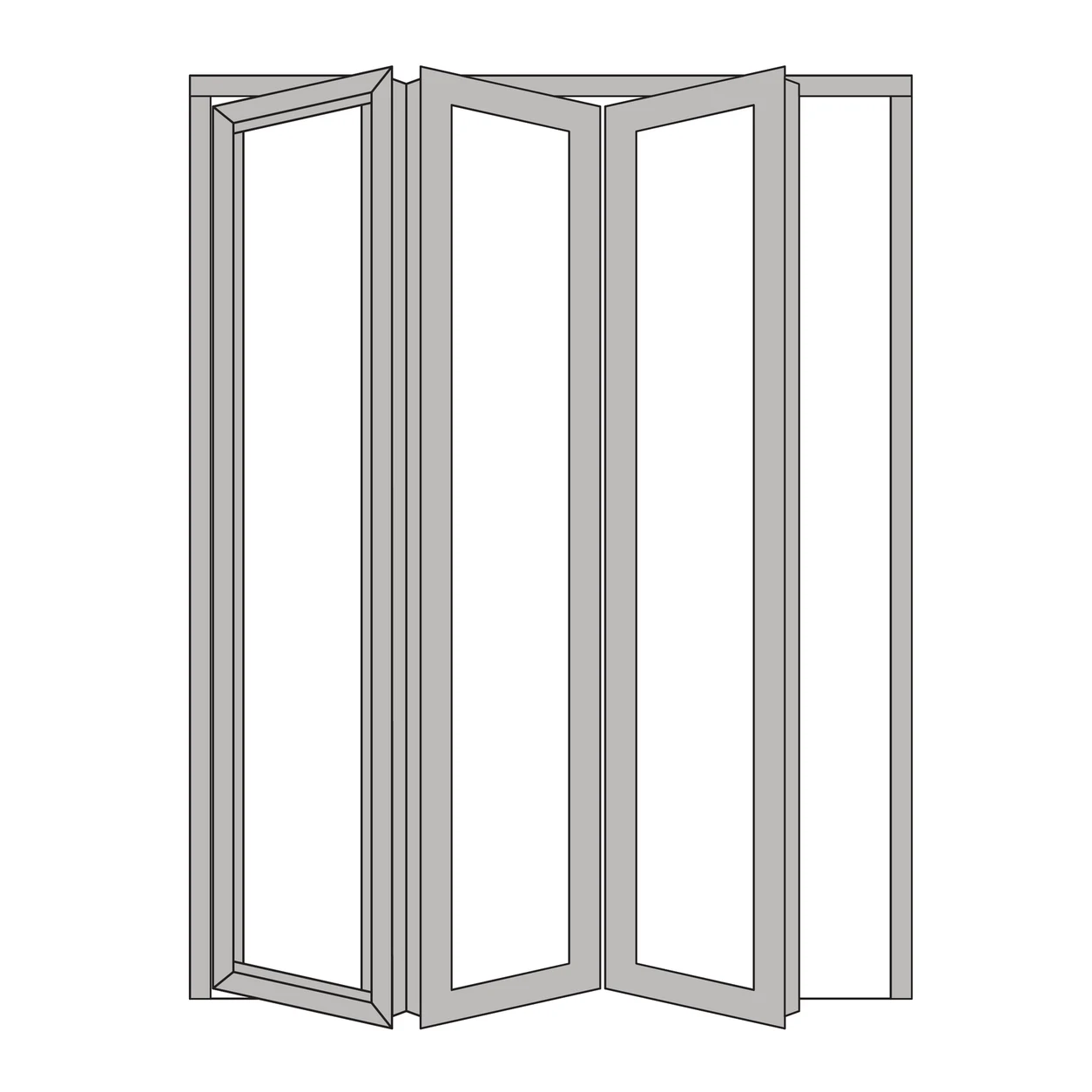 Everest 62 000 Series bi-fold system: manufacturer catalog line drawing of a folding aluminum door run, showing three hinged panels part-folded within the frame and track, drawn in grey outline on a plain white background.