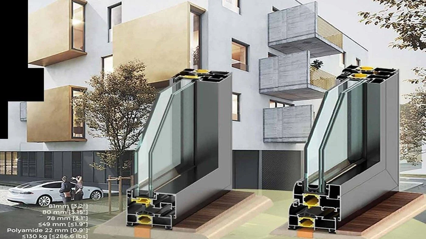 Everest 70 000 Series aluminum windows: two cutaway frame-and-sash corner sections showing the polyamide thermal breaks, gasket lines and insulated glazing, with dimensional callouts, in front of a residential building render.