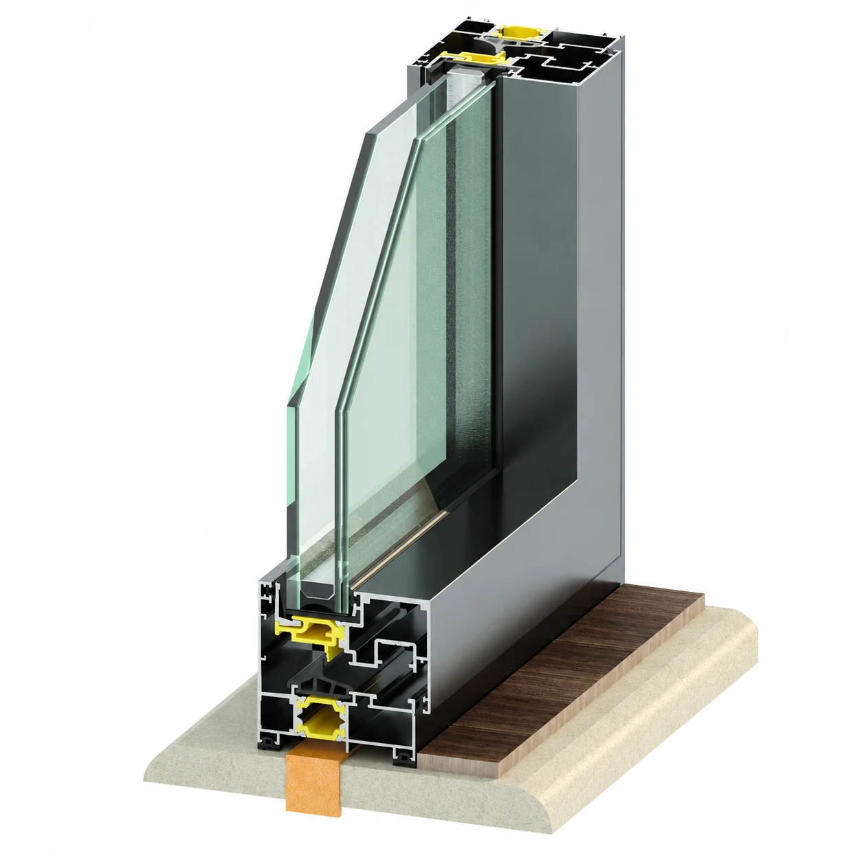 Everest CE 70 000 Hidden Sash aluminum window technical cutaway: concealed sash frame section with polyamide thermal breaks, gaskets and insulated glazing set on a sill build-up, shown on a plain white background.
