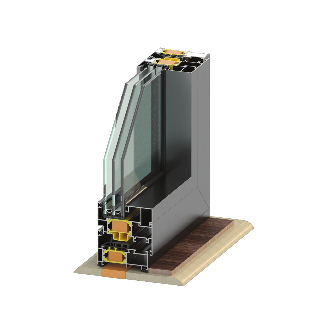 Everest 71 000 Series large thermal barrier aluminum window technical cutaway: dark frame and sash sections with wide yellow and orange thermal barrier inserts, gaskets and triple glazing, shown on a plain white background.