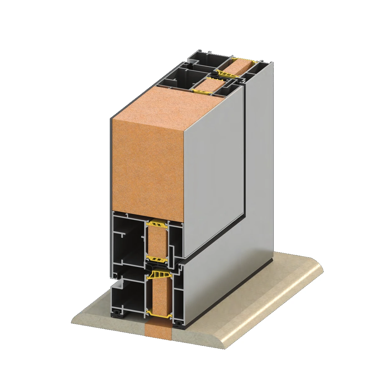Everest CE 78 000 Series main entrance door technical cutaway: thermally broken door frame and leaf section with polyamide thermal breaks, yellow insulating inserts, weatherstrips and an infill panel, set on a threshold build-up and shown on a plain white background.