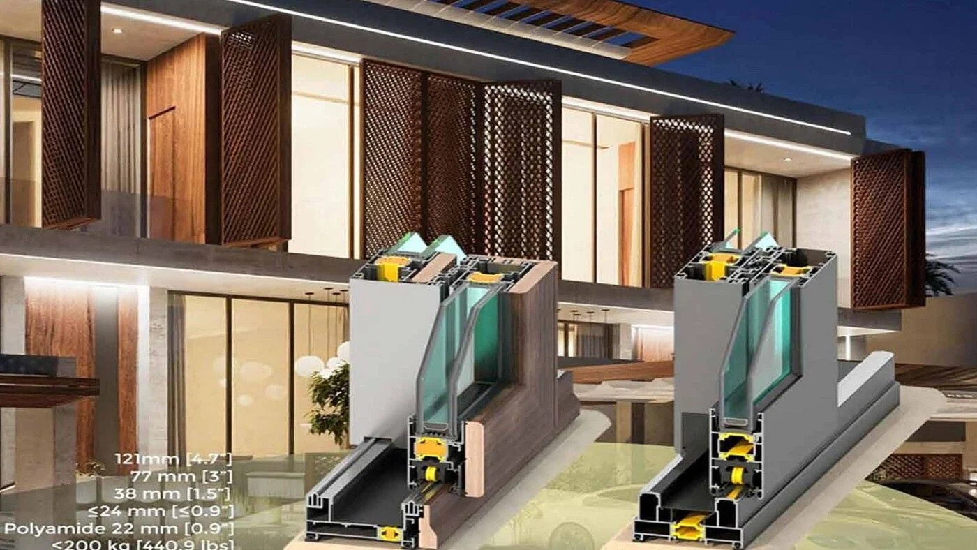 Everest 91 000 Series sliding doors and windows: two cutaway sill and interlock sections showing the sliding track, rollers, polyamide thermal breaks and insulated glazing, with dimensional callouts, in front of a contemporary residence render.