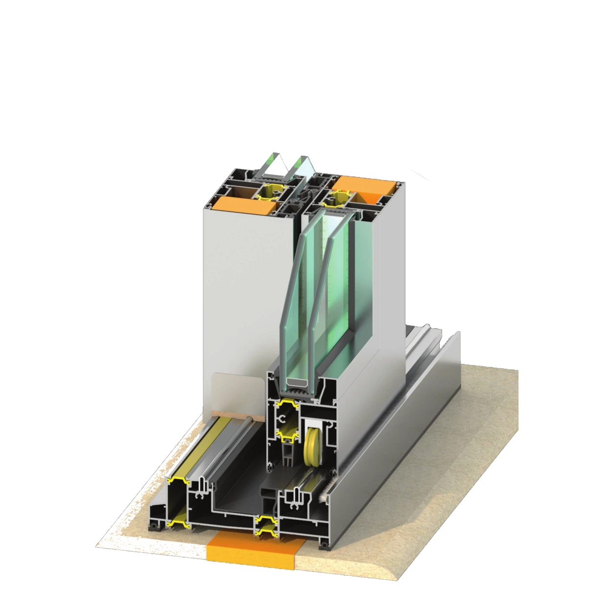 Everest 92 000 Series lift-and-slide door technical cutaway: silver aluminum sill, frame and sash sections with yellow gaskets and orange thermal components, guides and insulated glazing, shown on a plain white background.