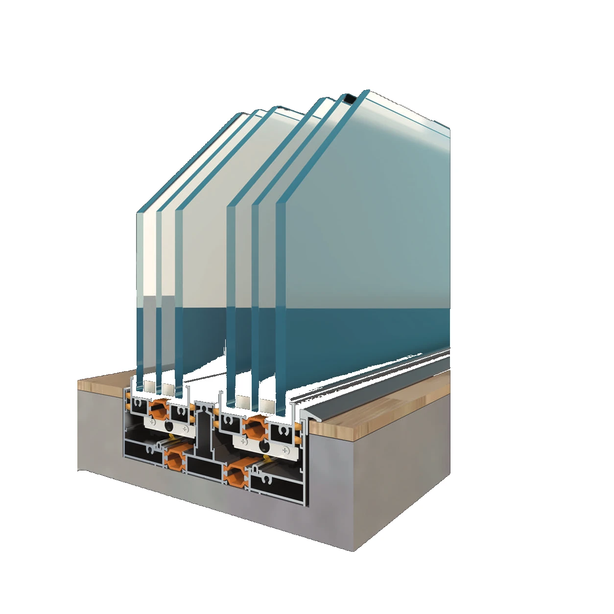 Everest 93 000 Series Minimal Slide technical cutaway: slim sliding sill and interlock sections with orange thermal components set into a flush floor build-up, carrying tall stacked glass panels, shown on a plain white background.