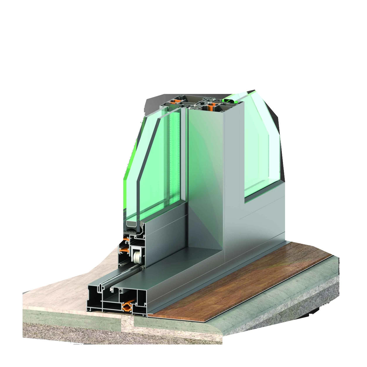 Everest 94 000 Series economic lift-and-slide door technical cutaway: silver aluminum frame, sash and sill sections with orange thermal components, roller and guide detail and insulated glazing, shown on a plain white background.