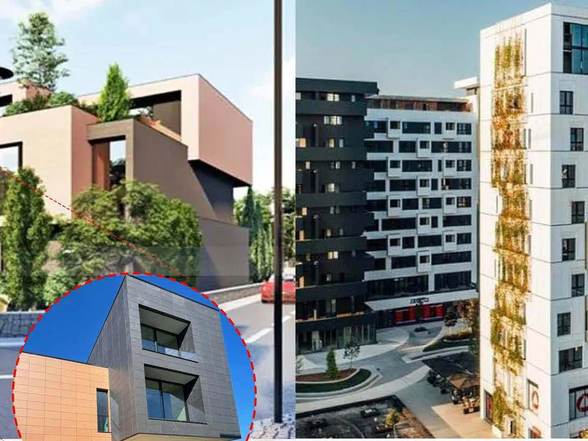 Mixed-use street elevation with planted balconies above and glazed aluminum shopfronts at pavement level.