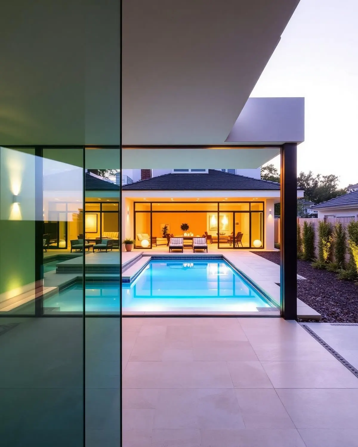 Frameless sliding glass wall opening onto a residential poolside terrace at dusk