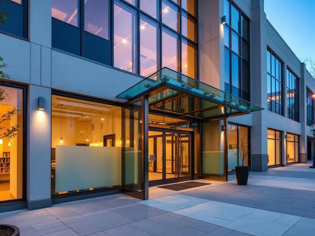 Modern commercial storefront with frameless glass entrance and bronze hardware