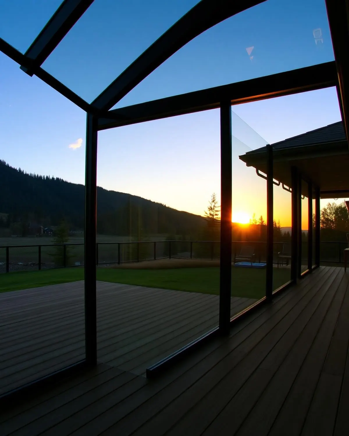 All-season frameless glass patio enclosure with panoramic mountain views