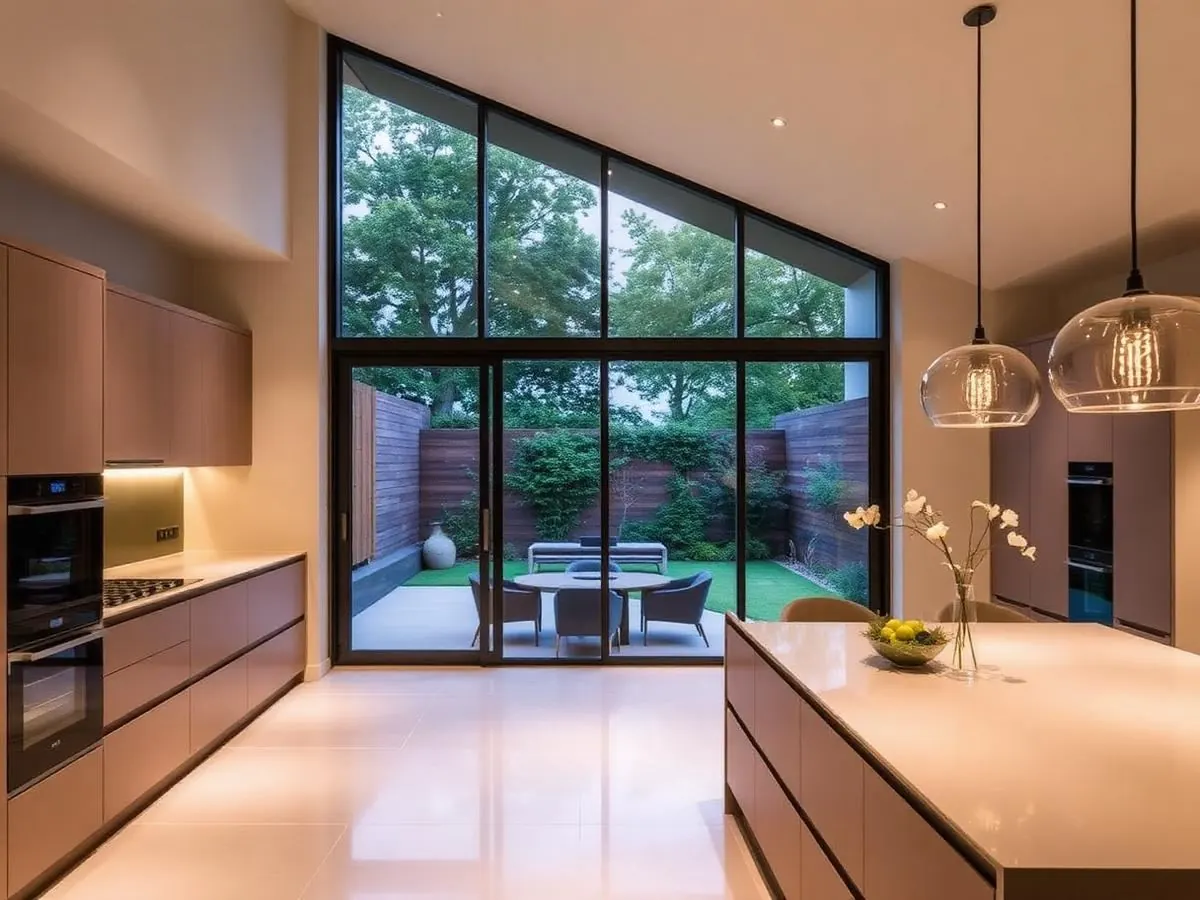 Modern kitchen with a frameless sliding glass door connecting to a private garden