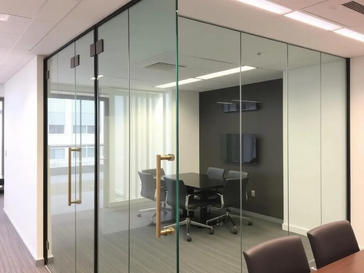 Full-height frameless glass partition dividing a corporate conference room