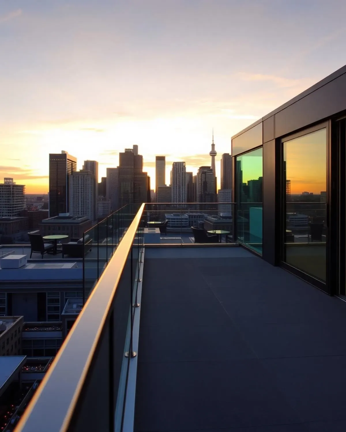 Rooftop terrace with frameless glass railing overlooking a city skyline at dusk