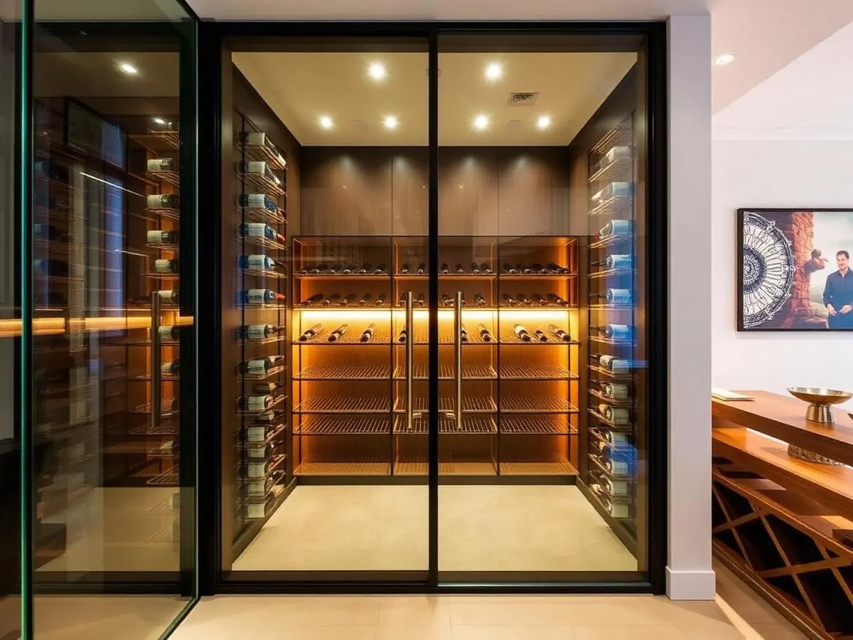 Frameless glass wine cellar enclosure in a modern luxury home