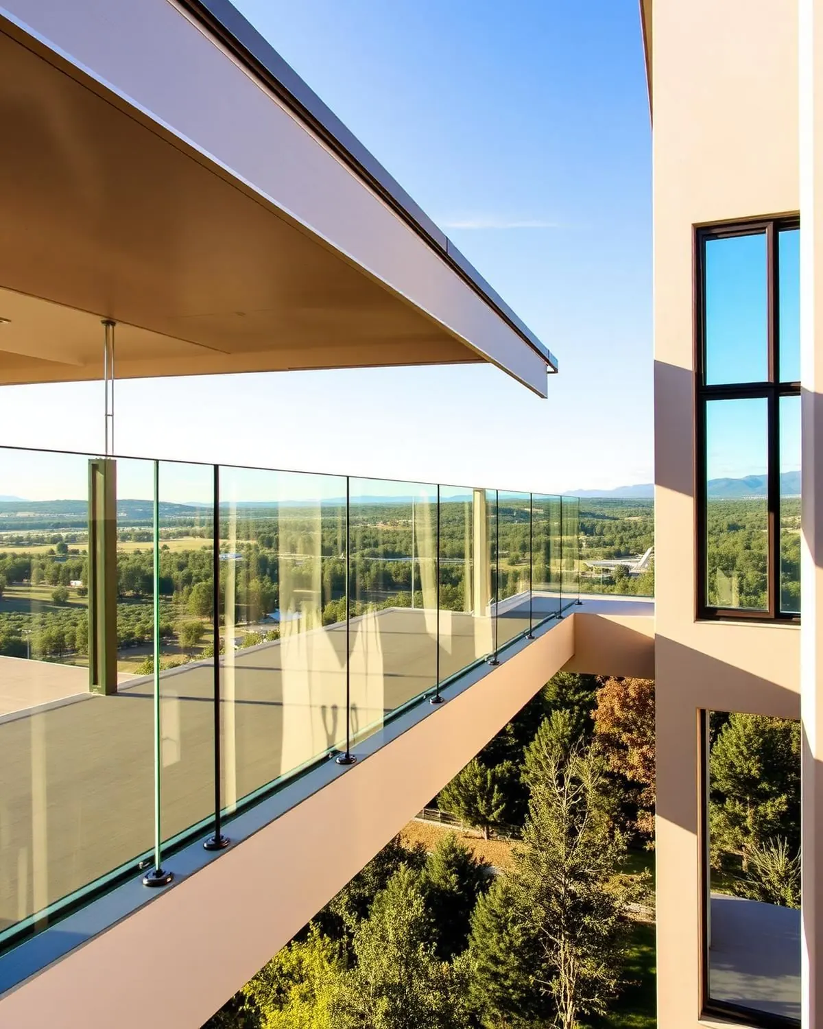 Minimal frameless glass railing on a private hillside balcony