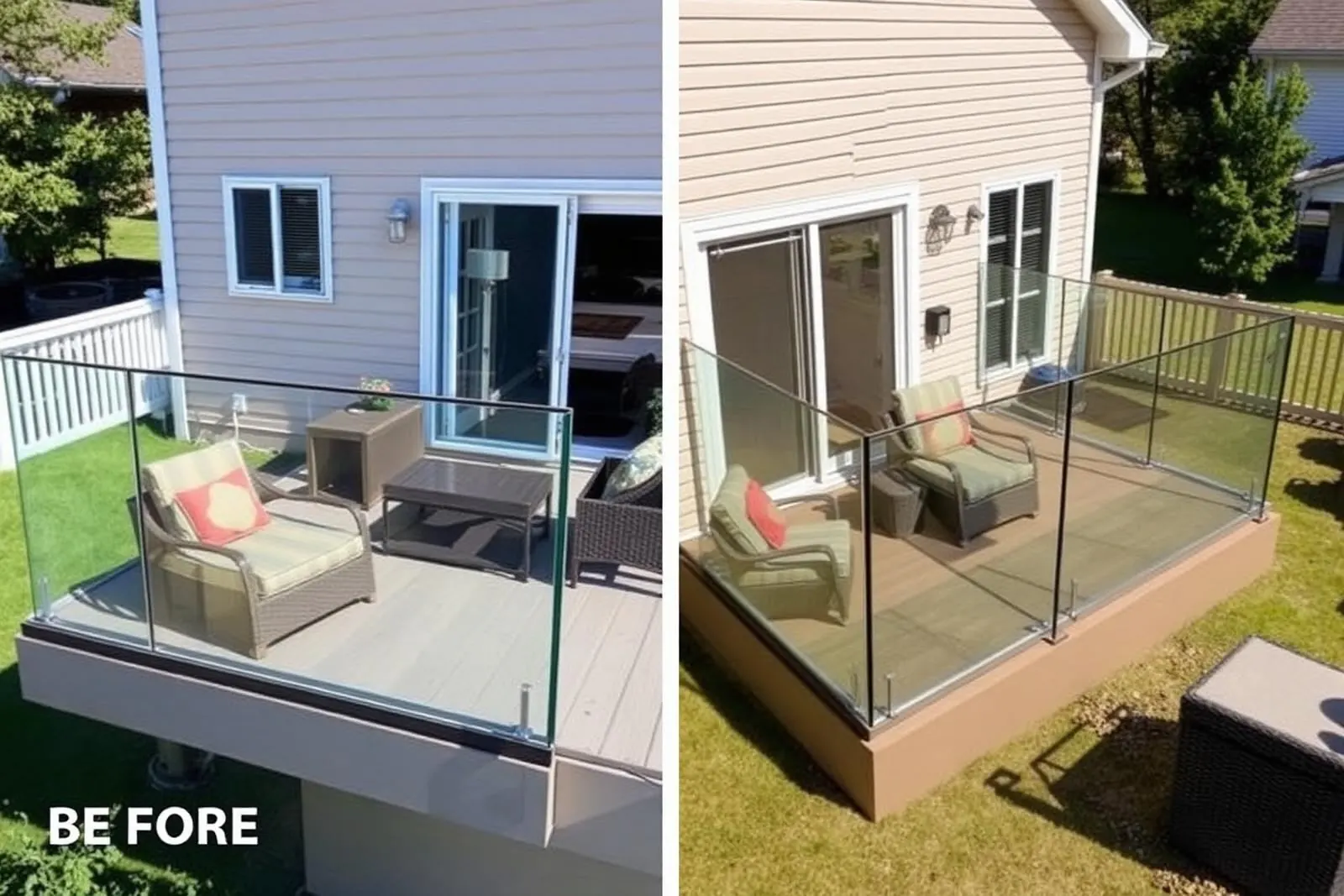 Suburban home patio with a frameless glass railing in place of the earlier wooden railing