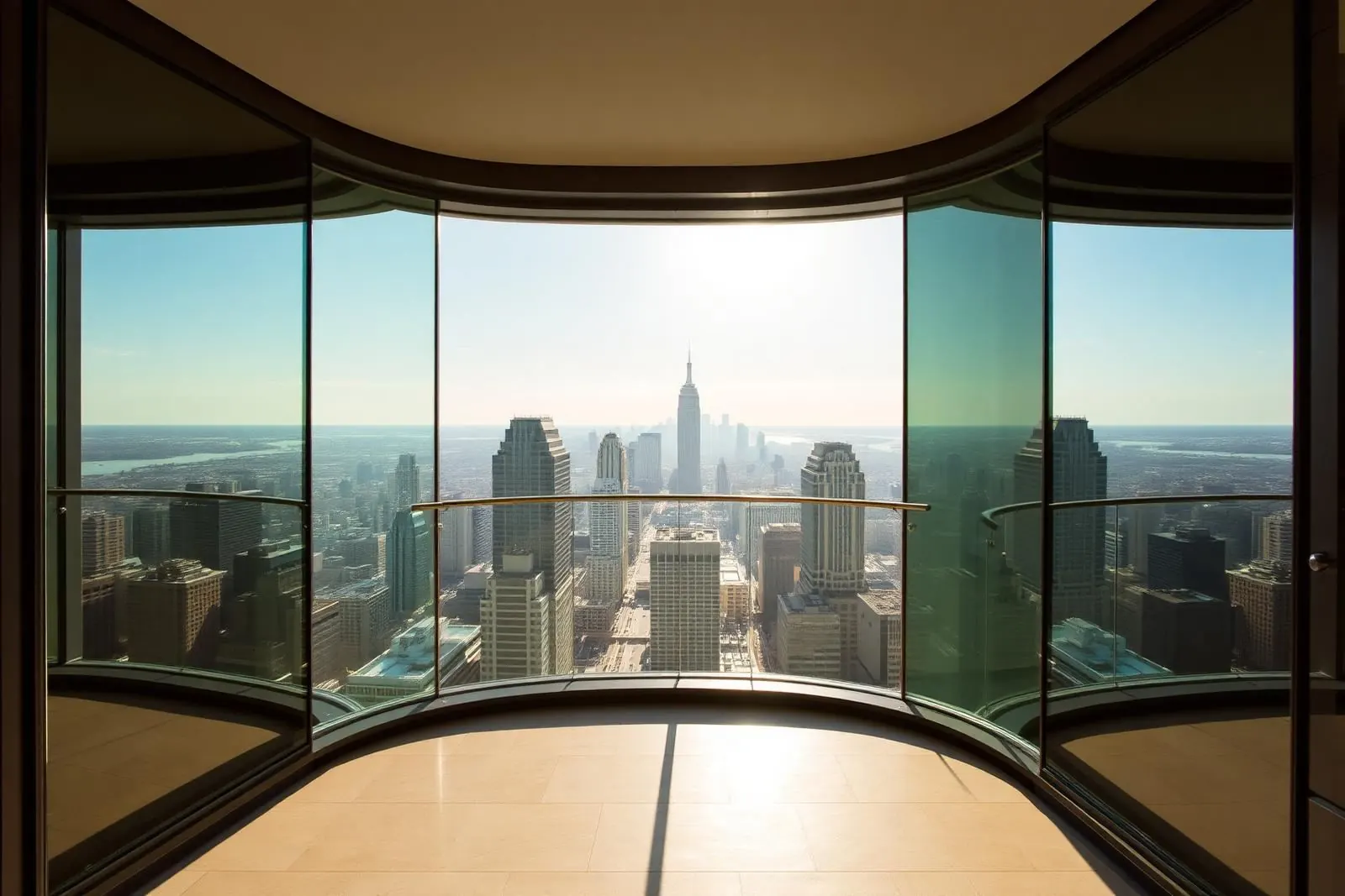 Curved frameless balcony glazing on a luxury high-rise condominium with a city skyline view
