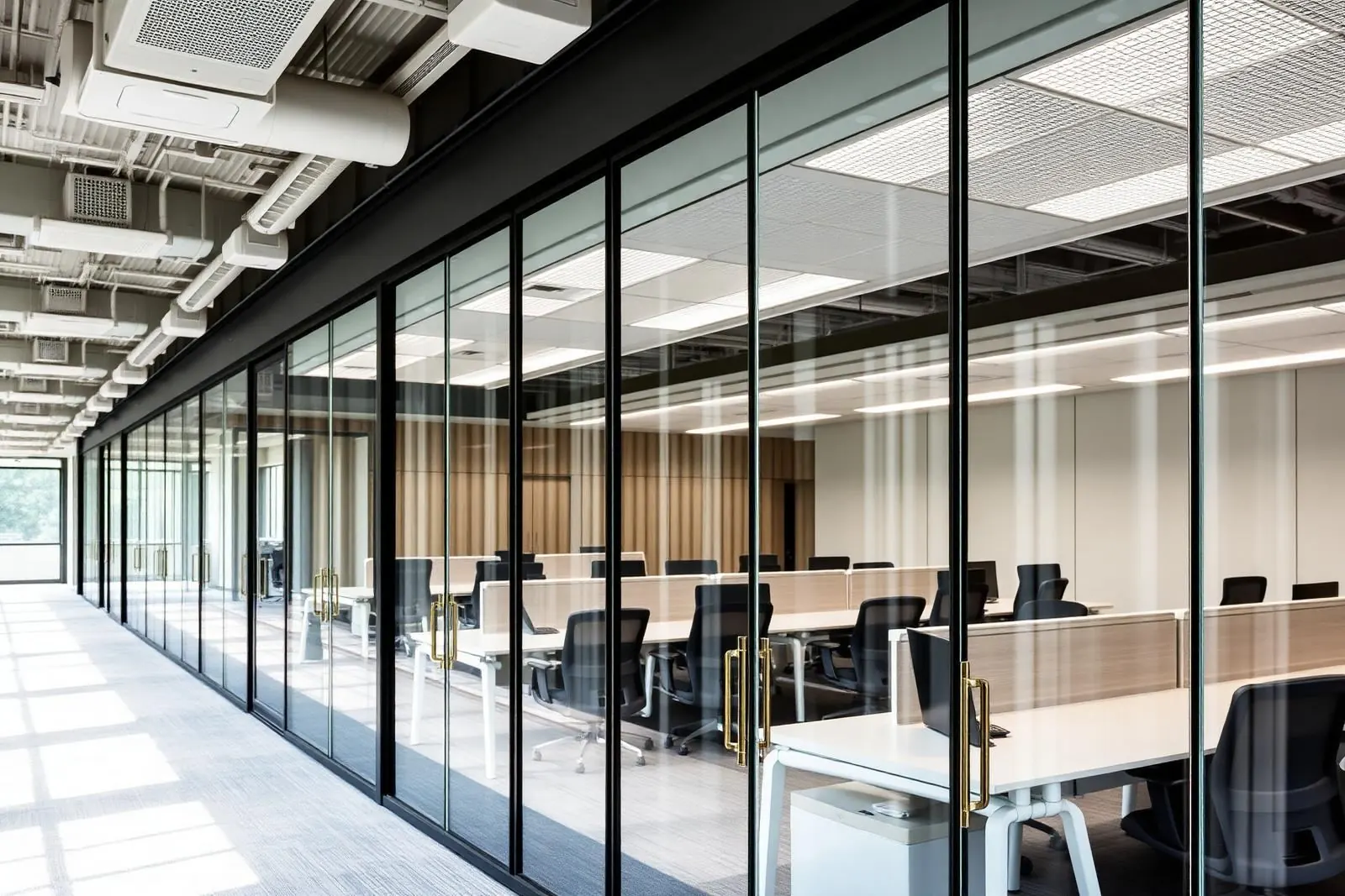 Corporate office with a full row of frameless glass wall partitions and bronze door handles