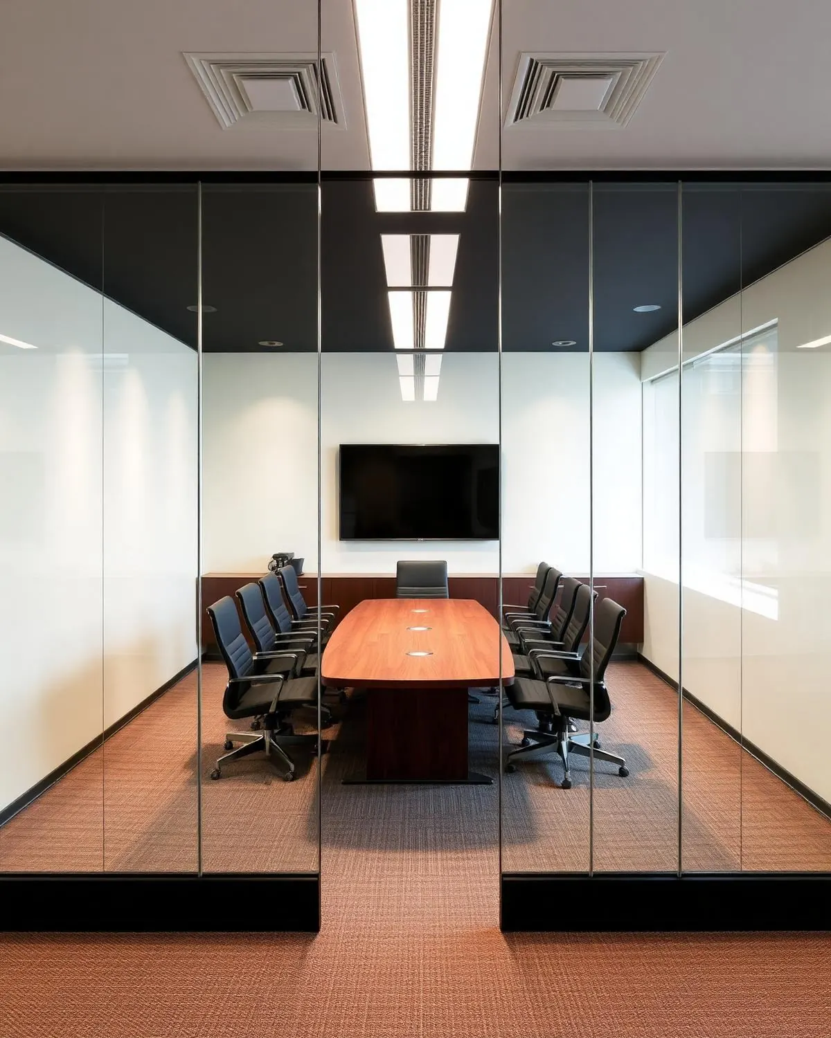 Executive boardroom fully enclosed by frameless glass walls and a walnut conference table