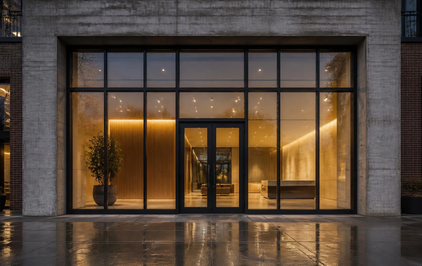 Design reference: glazed commercial entrance with dark framing and a warmly lit lobby behind
