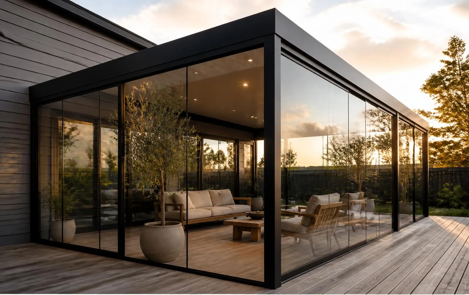 Design reference: glazed patio enclosure with dark frames and lounge seating on a timber deck at dusk