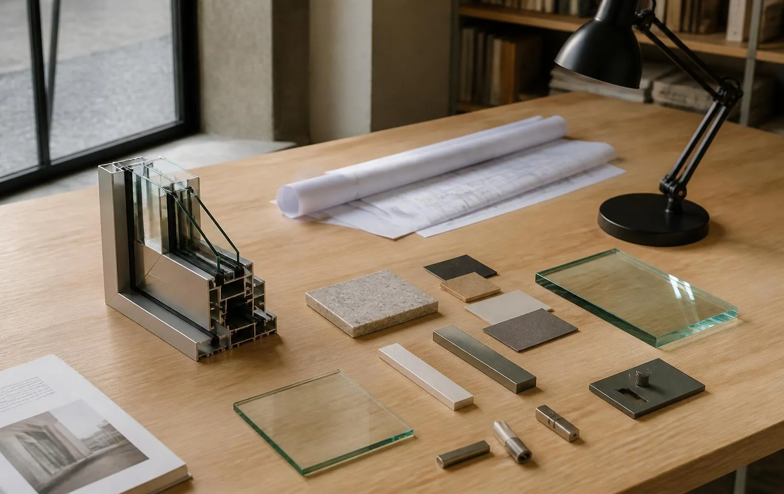 Design reference: fabrication worktable with glass edge samples, hardware and measured shop drawings