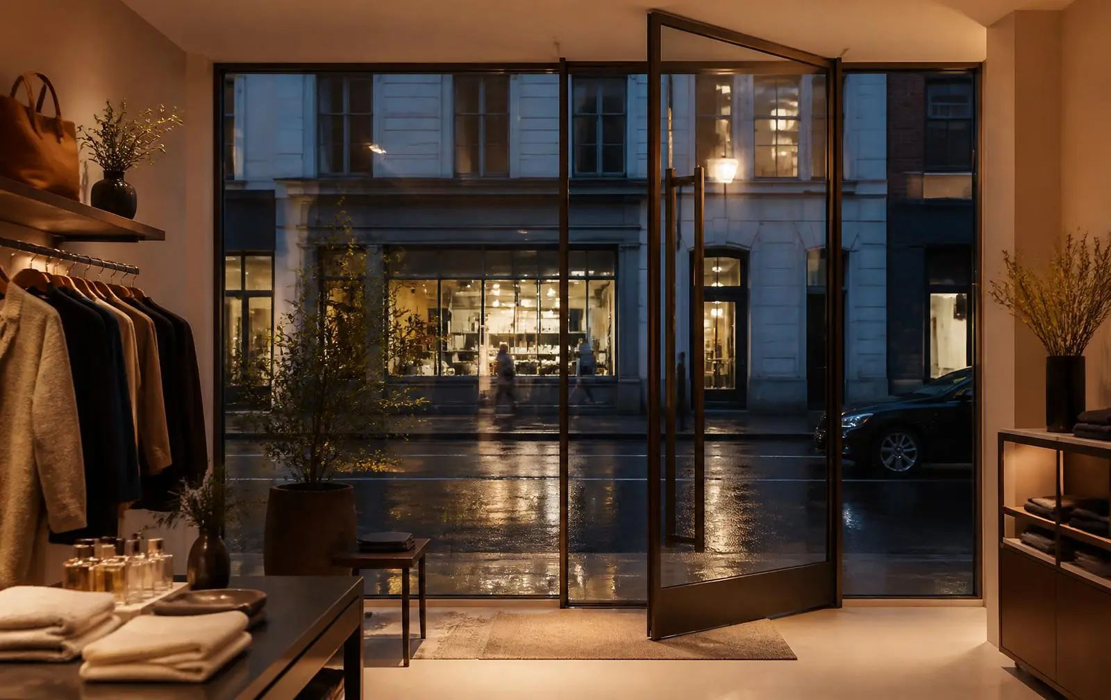 Design reference: interior view through a full-height frameless storefront with a bronze pivot door onto a rain-wet evening street