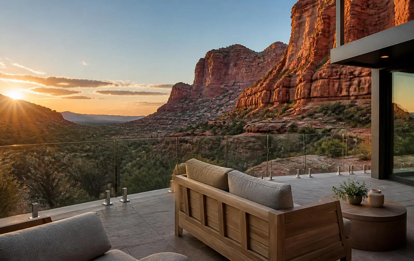 Design reference: a canyon-edge patio with a frameless glass guardrail on stainless spigots at low sun