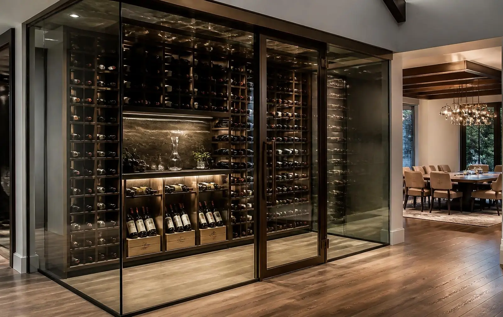Design reference: a glass-enclosed wine cellar with bronze-framed glass door beside a dining room