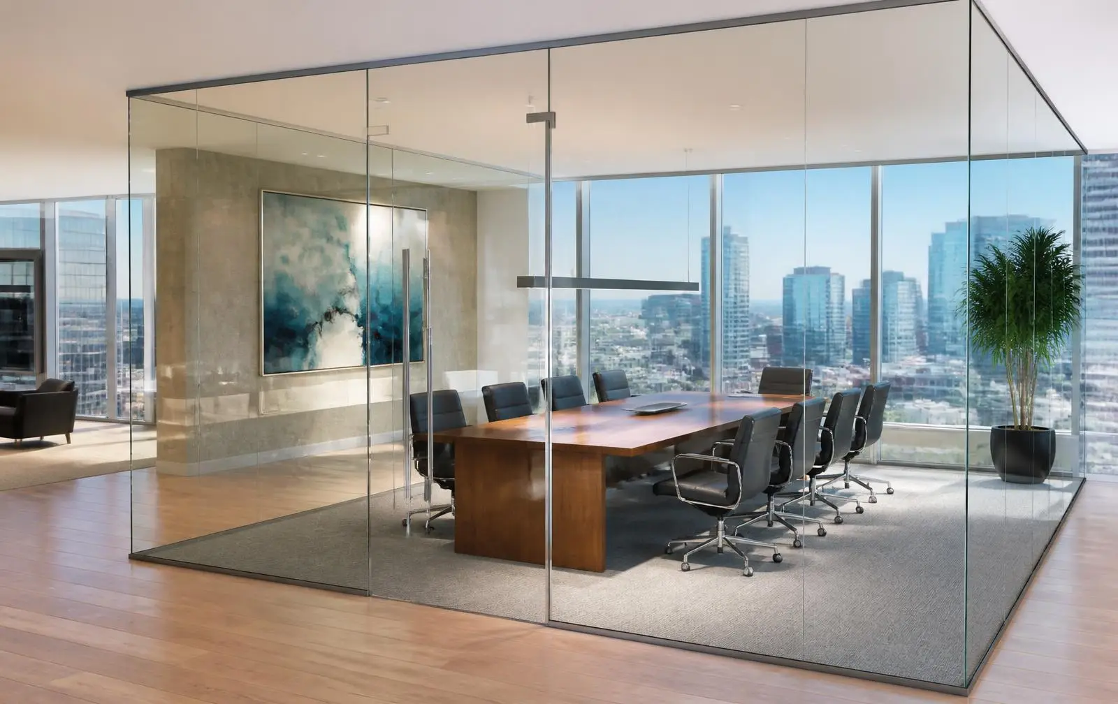 Design reference: a conference room enclosed by frameless glass partitions with a slim sliding glass door