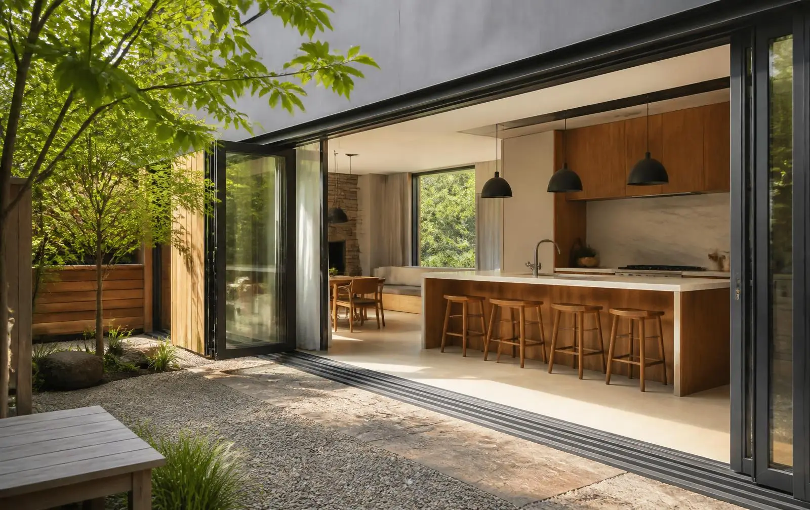 Design reference: a multi-panel sliding glass wall open between a kitchen and a gravel garden courtyard, flush threshold visible