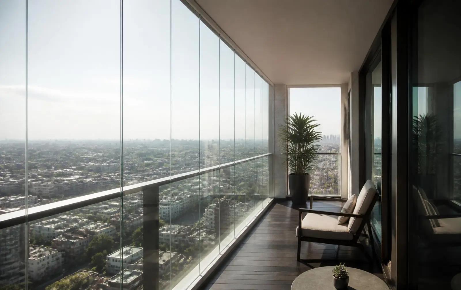Design reference: a high-rise balcony enclosed with floor-to-ceiling glazing panels above a dense city grid