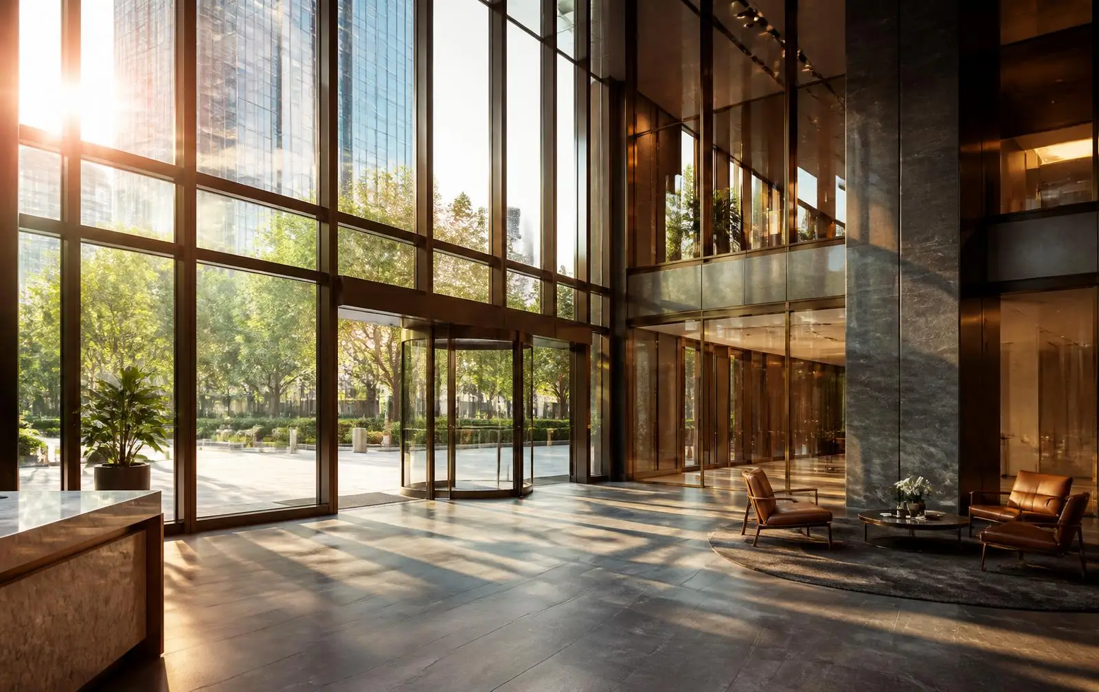 Design reference: a double-height building lobby enclosed by a bronze-mullion glass curtain wall in morning sun