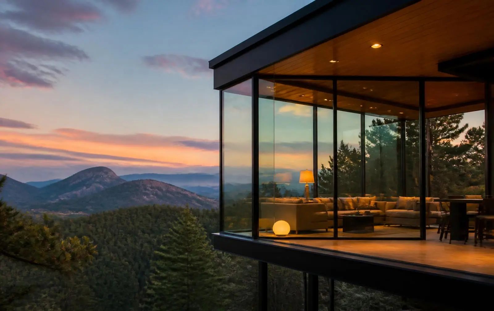 Design reference: a glazed deck room cantilevered over a forested slope, lit from within at mountain dusk