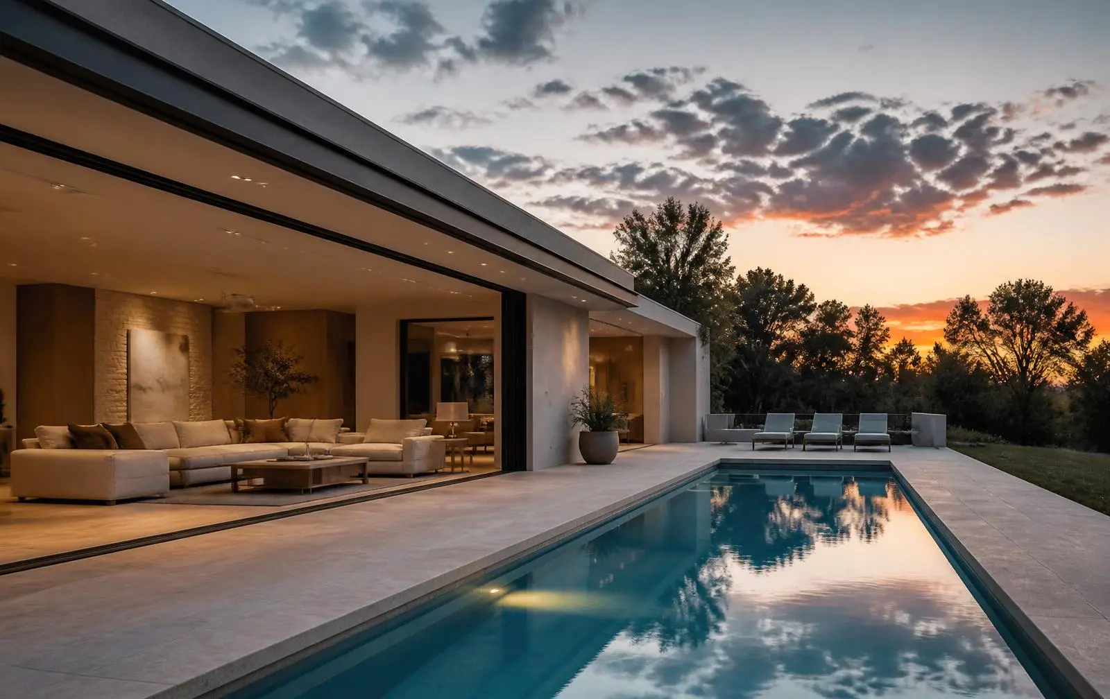 Design reference: a low modern house with a wide frameless sliding glass wall opened onto a lap-pool terrace at dusk