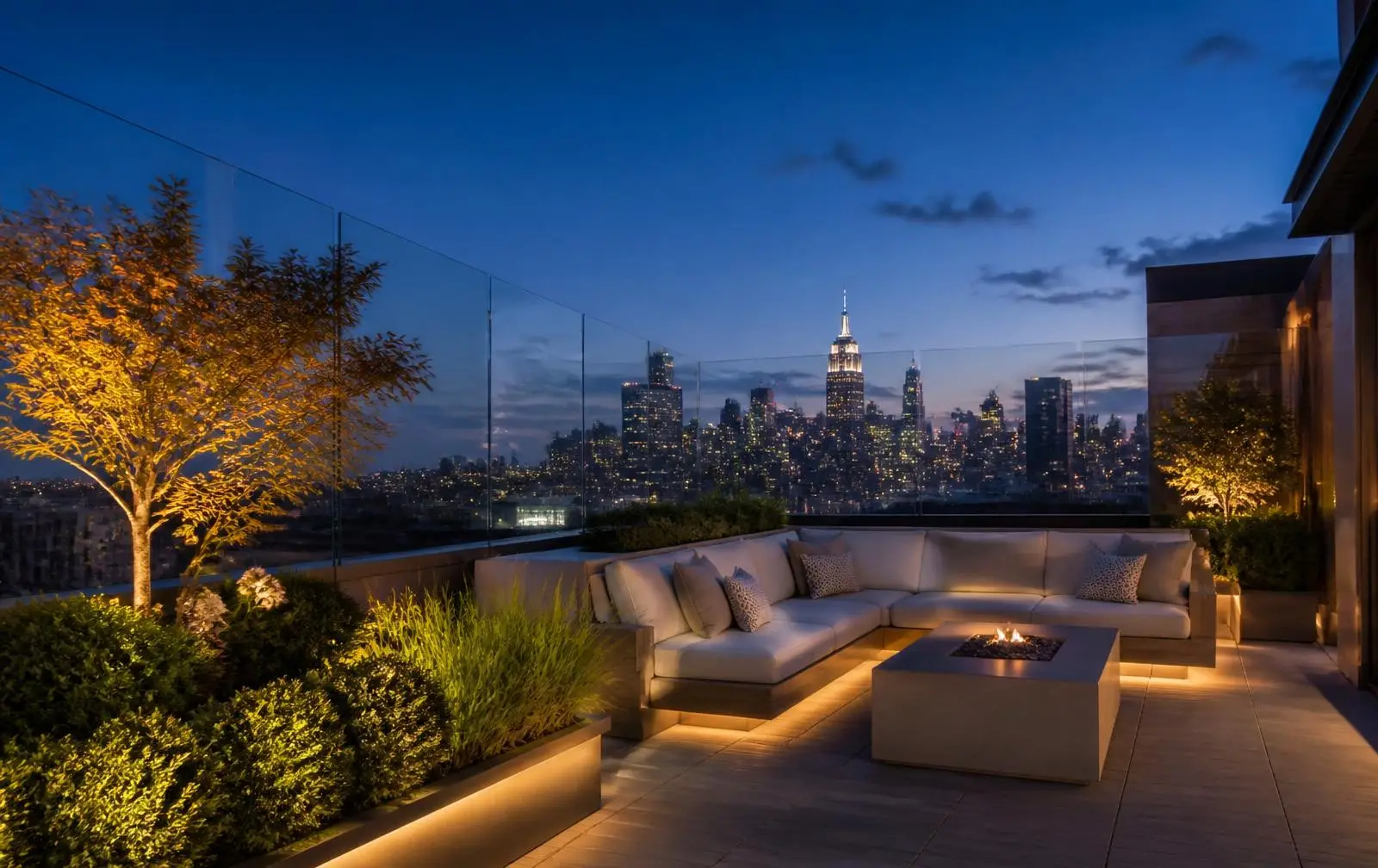 Design reference: a rooftop terrace with frameless glass wind screens above a city skyline at blue hour