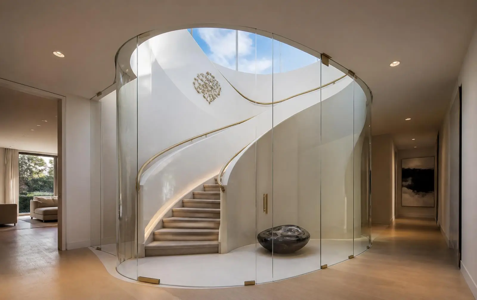 Design reference: custom architectural glass feature with curved and faceted panels in a daylit space