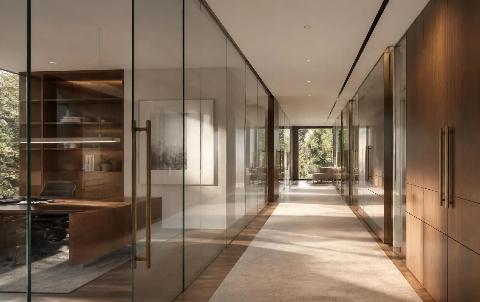 Design reference: office interior divided by full-height frameless glass partitions with slim door hardware