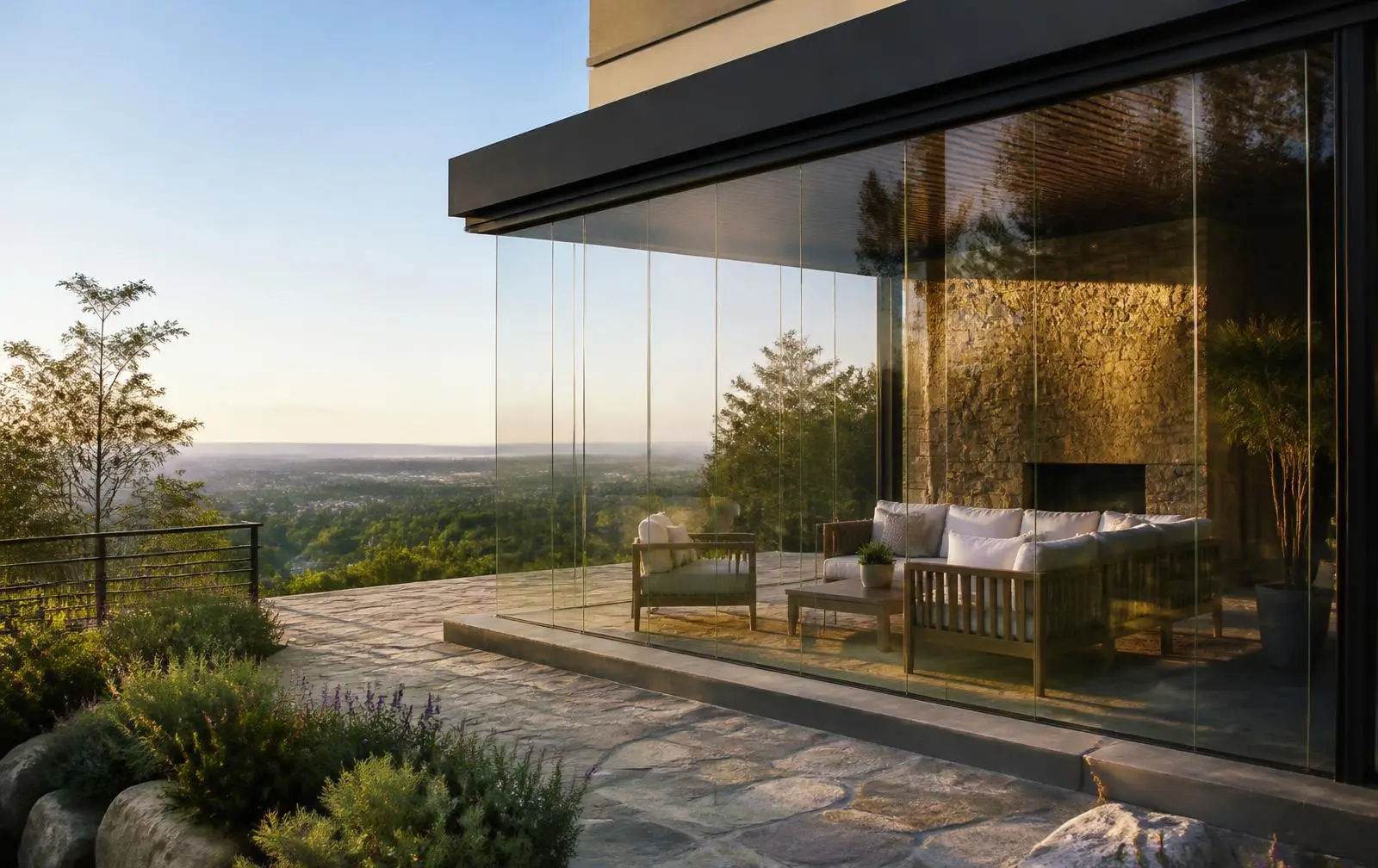 Design reference: glazed patio enclosure with slim framing wrapping a residential deck