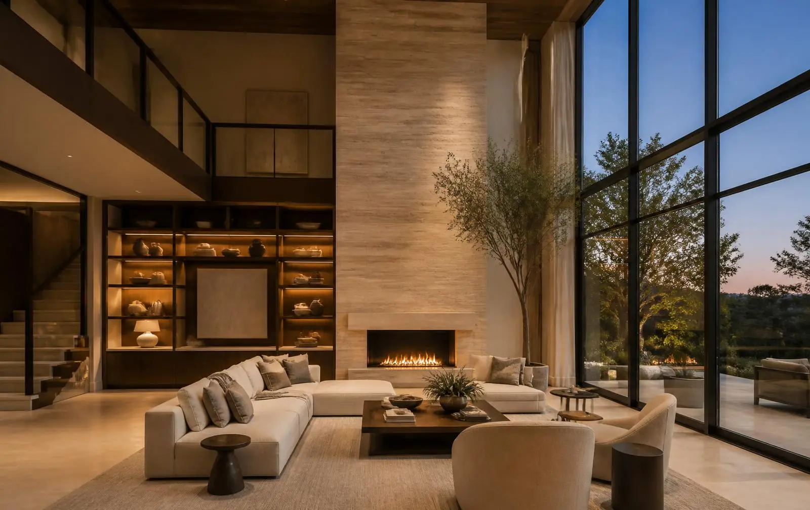 Design reference: living space with a full-height frameless glass wall and warm timber interior