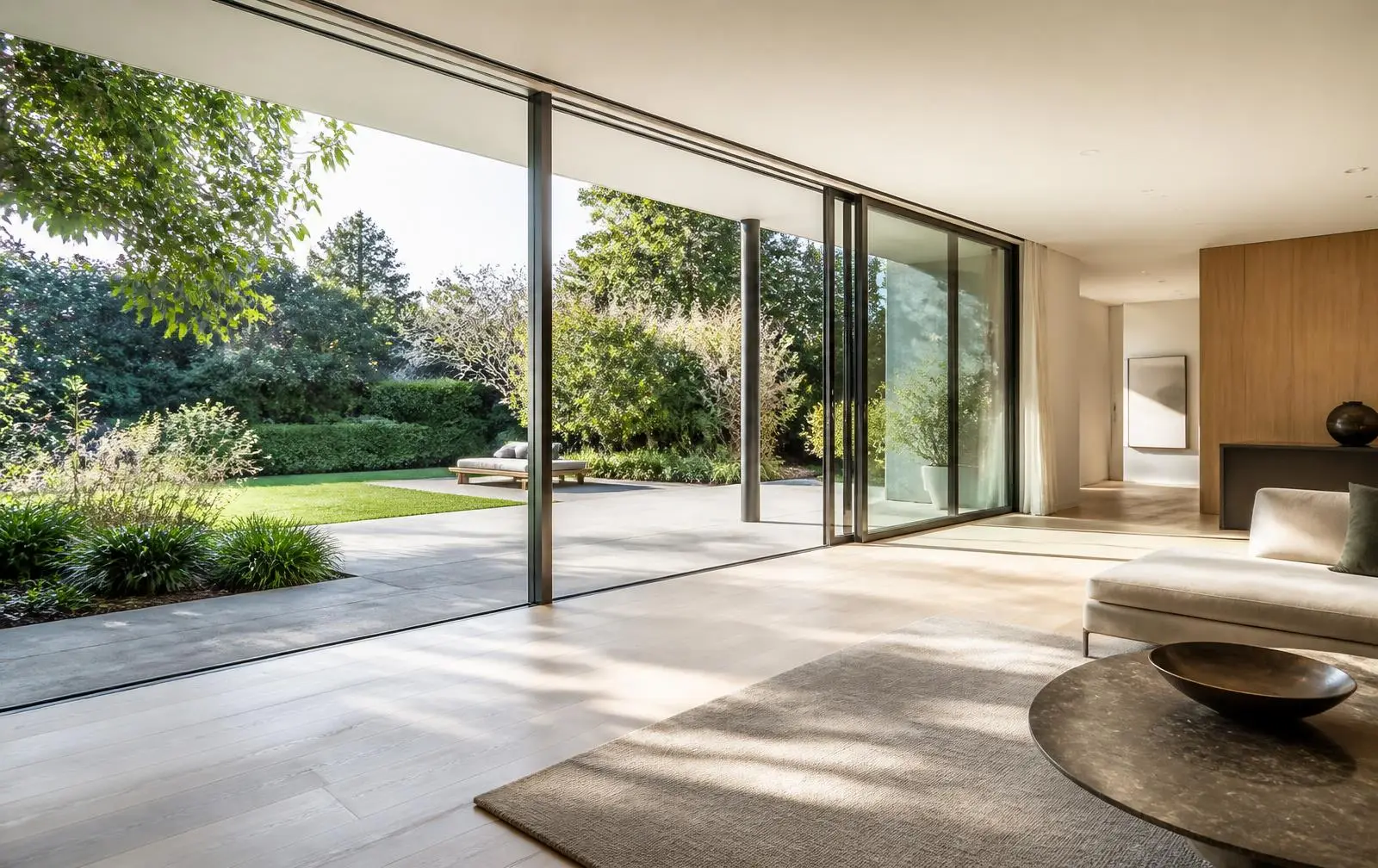 Design reference: frameless sliding glass wall panels stacked open onto a residential terrace in daylight